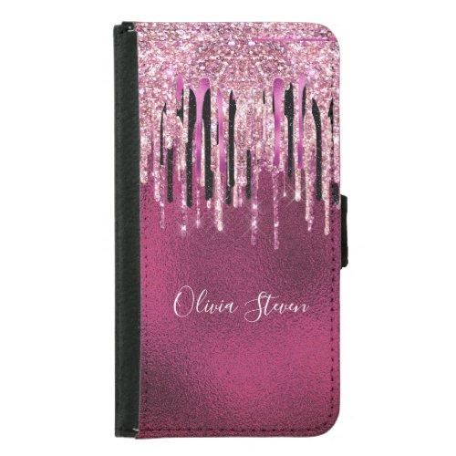 Chic hot pink black drippings glitter monogram samsung galaxy s5 wallet case