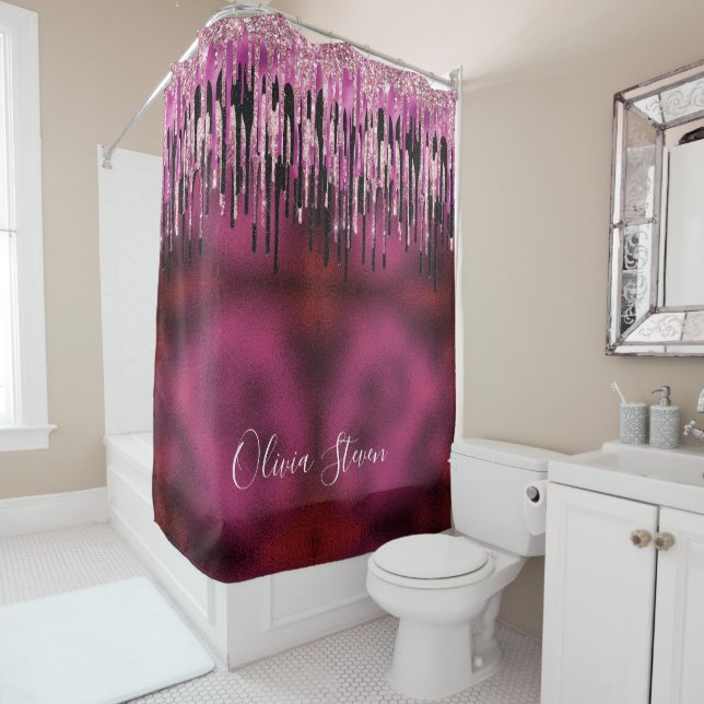 Chic hot pink black drippings glitter monogram shower curtain (In Situ)