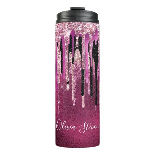 Chic hot pink black drippings glitter monogram thermal tumbler