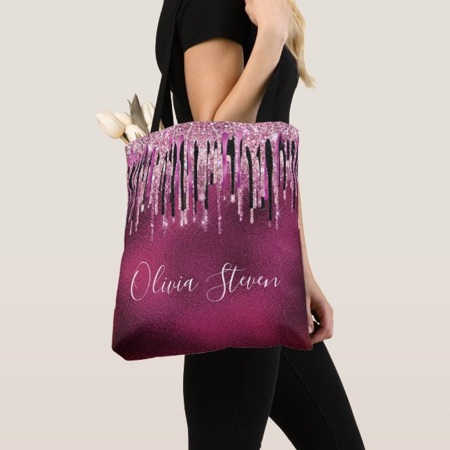 Chic hot pink black drippings glitter monogram tote bag (Close Up)