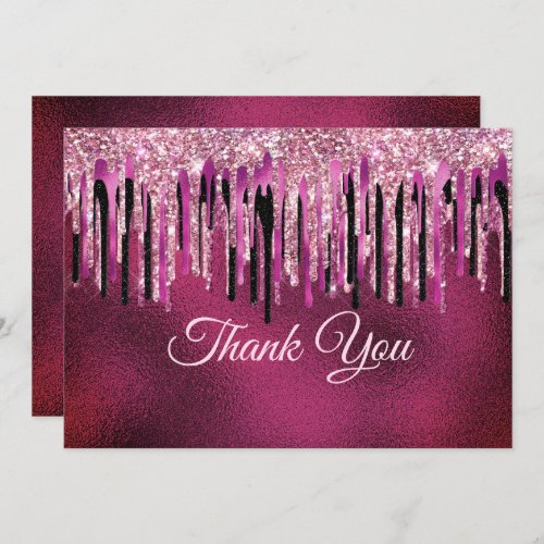 Chic hot pink black drippings glitter thank you card