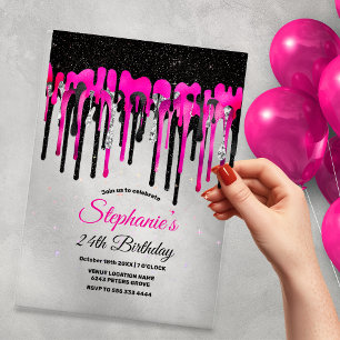 Chic hot pink black glitter drips birthday acrylic invitations