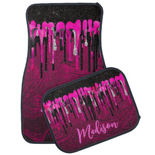 Chic hot pink black glitter drips monogram car floor mat