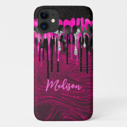 Chic hot pink black glitter drips monogram iPhone 11 case