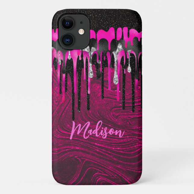 Chic hot pink black glitter drips monogram Case-Mate iPhone case (Back)