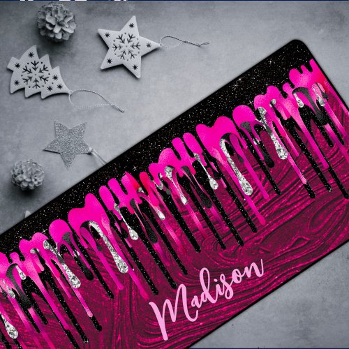 Chic hot pink black glitter drips monogram desk mat