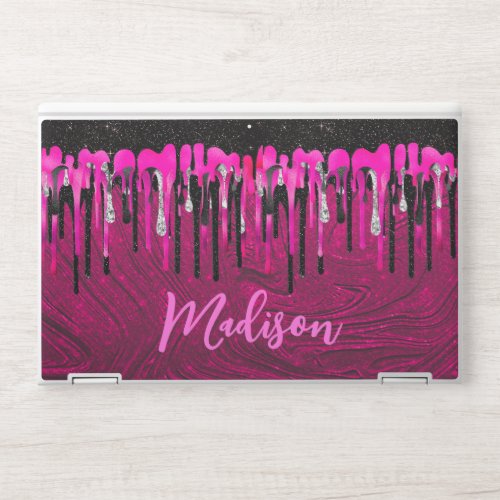 Chic hot pink black glitter drips monogram HP laptop skin