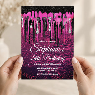 Chic hot pink black glitter drips monogram invitation