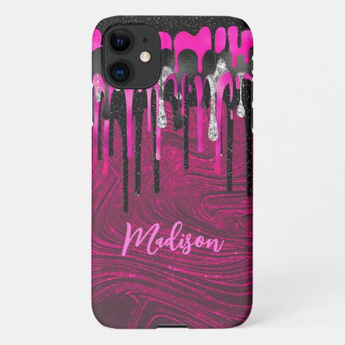 Chic hot pink black glitter drips monogram iPhone 11 case
