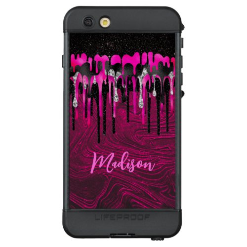 Chic hot pink black glitter drips monogram LifeProof ND iPhone 6s plus case