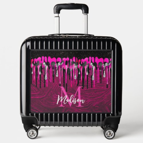 Chic hot pink black glitter drips monogram luggage