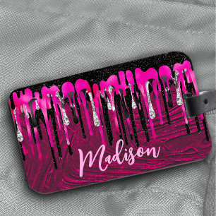 Chic hot pink black glitter drips monogram luggage tag