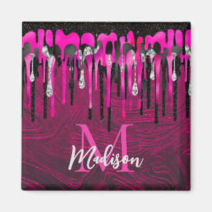 Chic hot pink black glitter drips monogram magnet