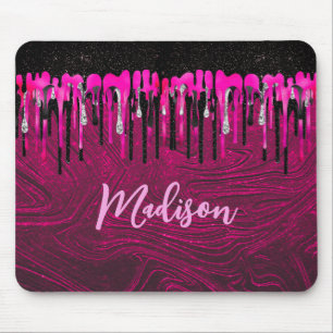 Chic hot pink black glitter drips monogram mouse pad
