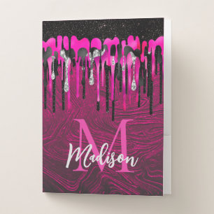 Chic hot pink black glitter drips monogram pocket folder