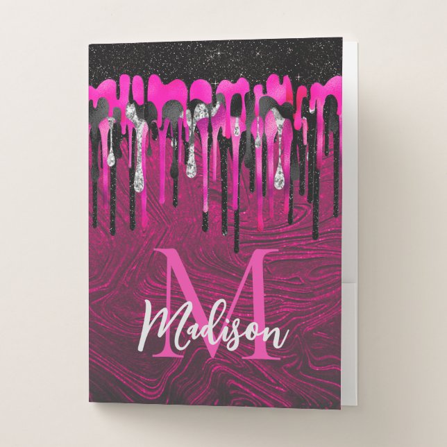 Chic hot pink black glitter drips monogram pocket folder (Front)