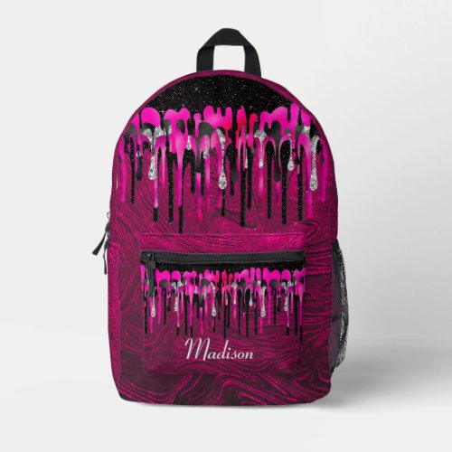 Chic hot pink black glitter drips monogram printed backpack