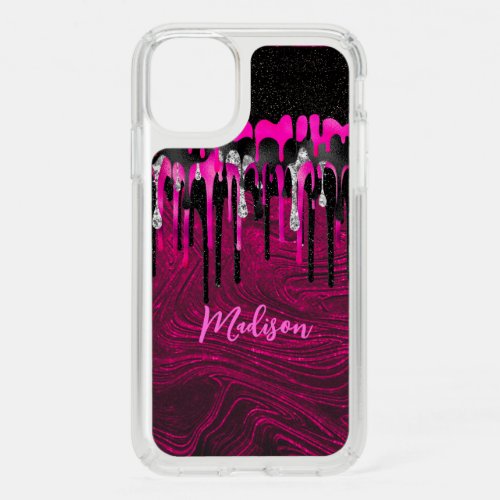 Chic hot pink black glitter drips monogram speck iPhone 11 case