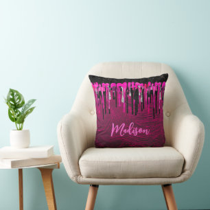 Chic hot pink black glitter drips monogram throw pillow