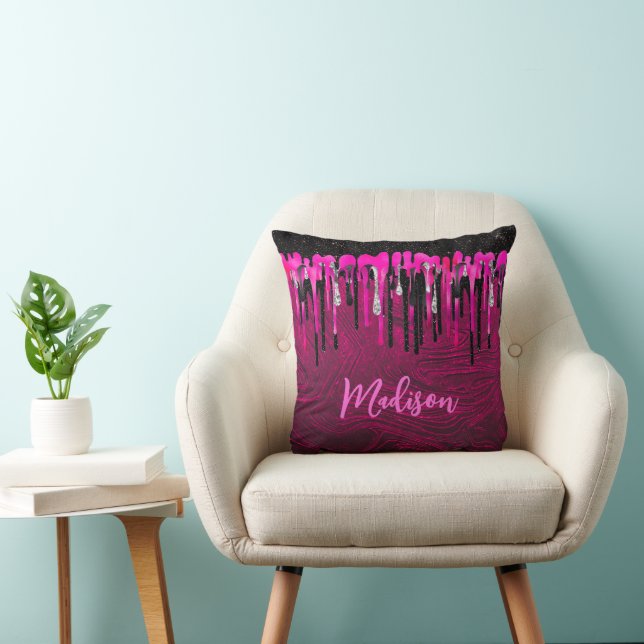 Chic hot pink black glitter drips monogram throw pillow (Chair)