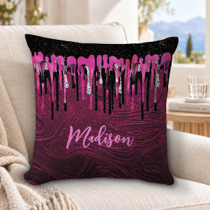 Chic hot pink black glitter drips monogram throw pillow