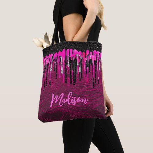 Chic hot pink black glitter drips monogram tote bag