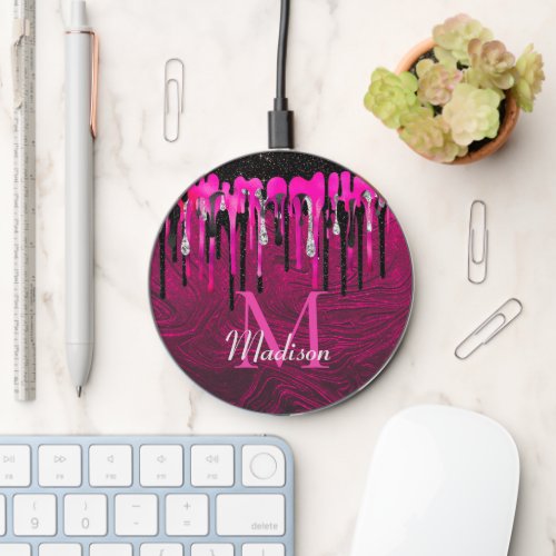 Chic hot pink black glitter drips monogram wireless charger 