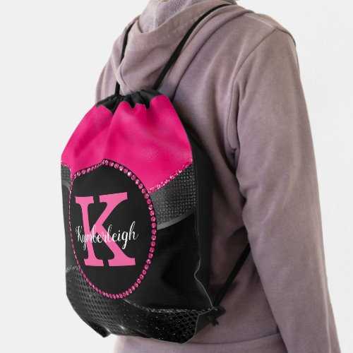 Chic Hot Pink Black Gray Waves Glam Monogram Name Drawstring Bag