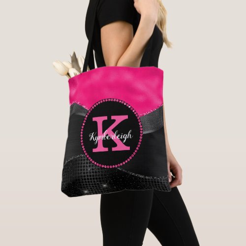 Chic Hot Pink Black Gray Waves Glam Monogram Name Tote Bag