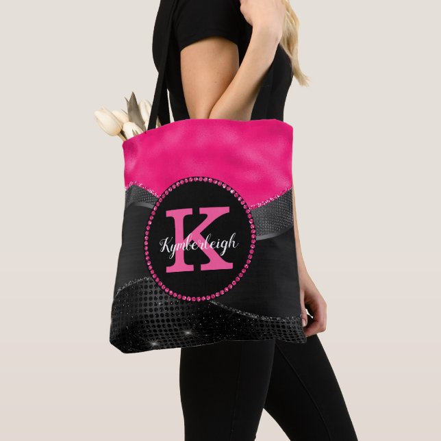 Chic Hot Pink Black Gray Waves Glam Monogram Name Tote Bag (Close Up)