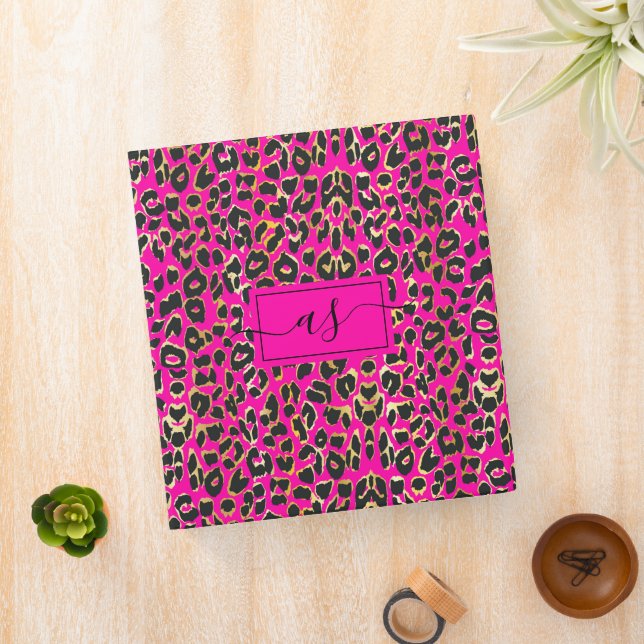 Chic Hot Pink & Black Leopard Print Monogrammed 3 Ring Binder (In Situ)
