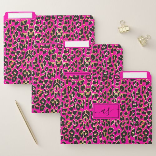 Chic Hot Pink  Black Leopard Print Monogrammed File Folder