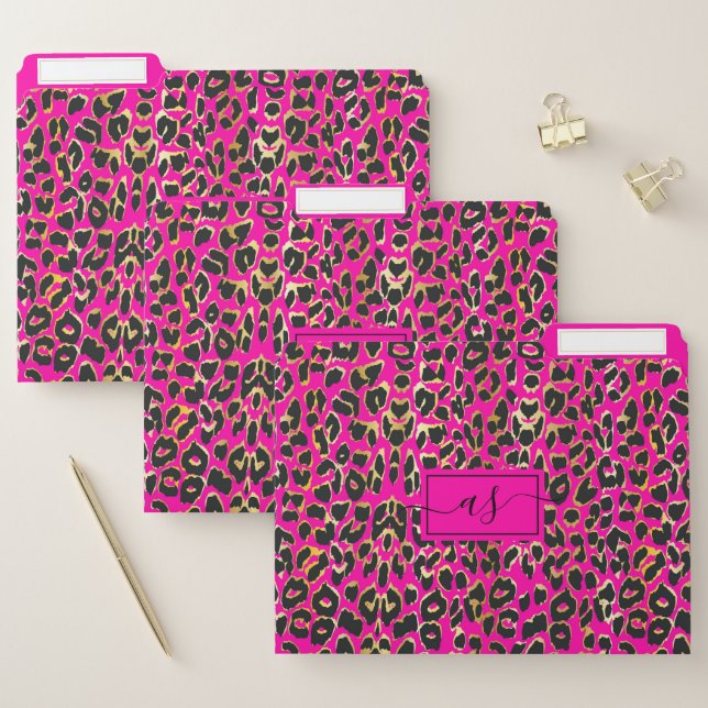 Chic Hot Pink & Black Leopard Print Monogrammed File Folder (Set)