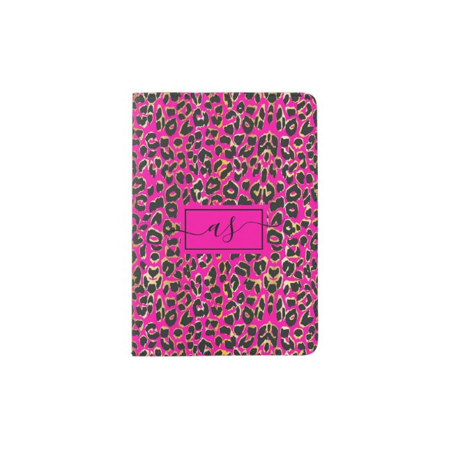 Chic Hot Pink & Black Leopard Print Monogrammed Passport Holder (Front)