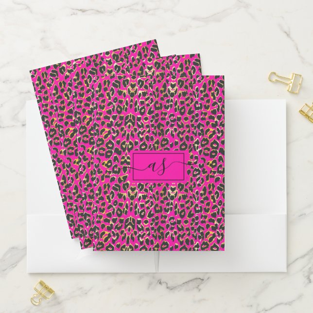 Chic Hot Pink & Black Leopard Print Monogrammed Pocket Folder (In Situ)