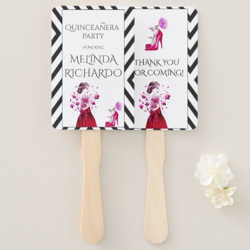 Chic Hot Pink Black Quinceanera Party Thank You Hand Fan