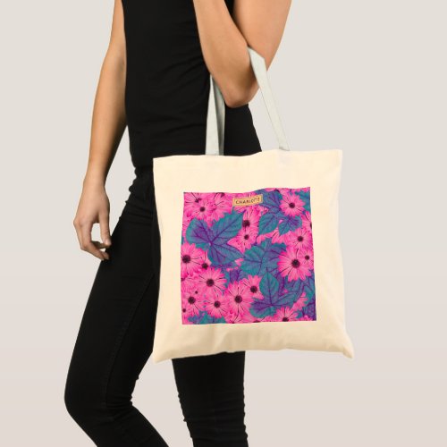 Chic hot pink blossom tote bag with initials