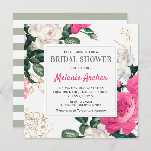 Chic Hot Pink Bridal Shower Watercolor Peony Roses Invitation