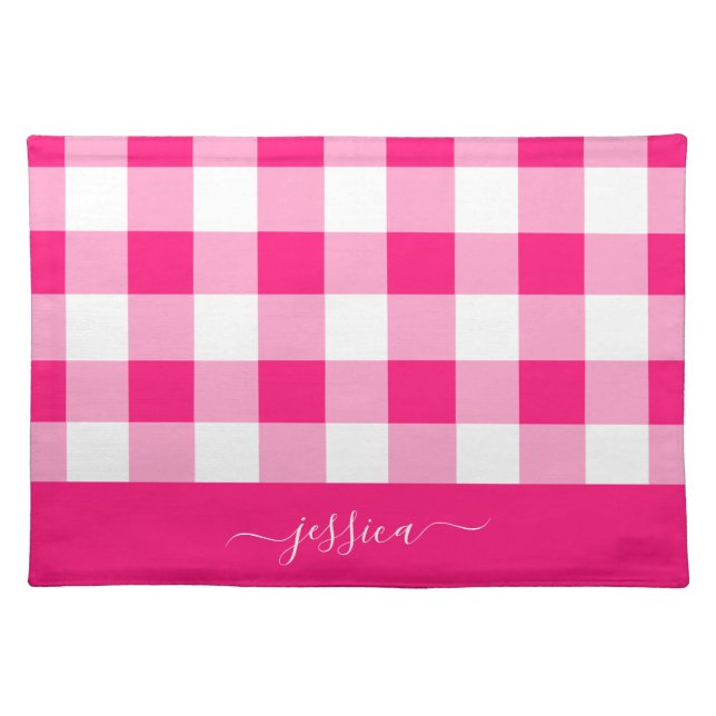 Chic hot pink gingham script name  cloth placemat (Front)