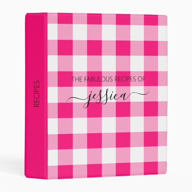 Chic hot pink gingham script name recipe mini binder (Front/Spine)