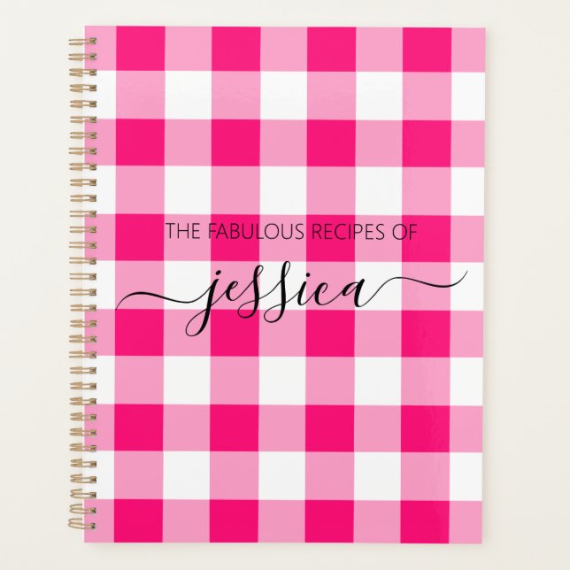 Chic hot pink gingham script name recipe planner (Front)