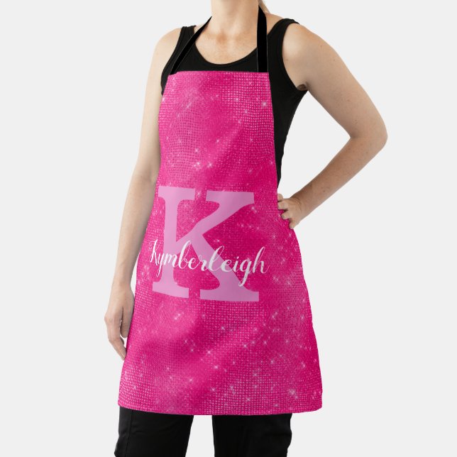 Chic Hot Pink Glam Diamond Sparkle Monogram Name A Apron (Insitu)