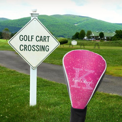 Chic Hot Pink Glam Diamond Sparkle Monogram Name Golf Head Cover