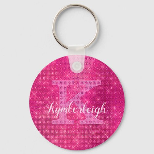 Chic Hot Pink Glam Diamond Sparkle Monogram Name Keychain