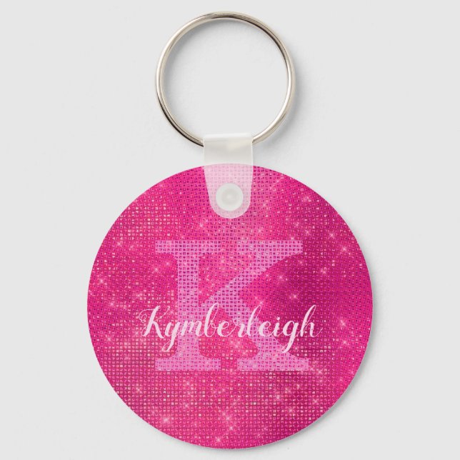 Chic Hot Pink Glam Diamond Sparkle Monogram Name Keychain (Front)