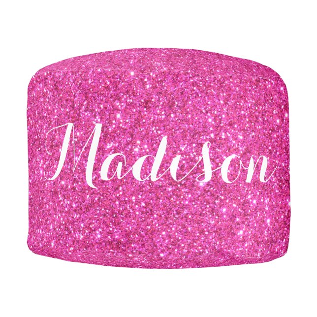 Chic Hot Pink glitter  monogram  Pouf (Front)