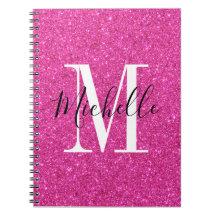 Chic Hot pink  glitter  Monogram spiral Notebook
