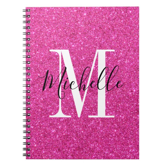 Chic Hot pink  glitter  Monogram spiral Notebook (Front)