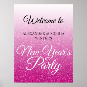 Chic Hot Pink Glitter New Years Party Welcome Poster