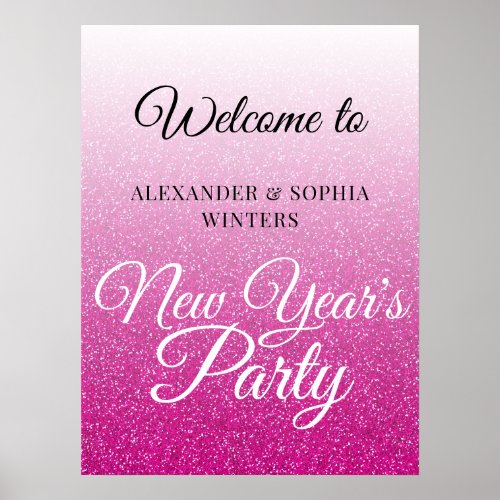 Chic Hot Pink Glitter New Years Party Welcome Poster